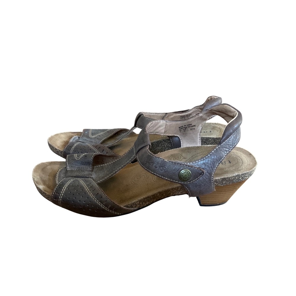 Taos Trulie Leather Wedge Sandals Womens 11 Brown Laser Cut T-Strap Boho Comfort